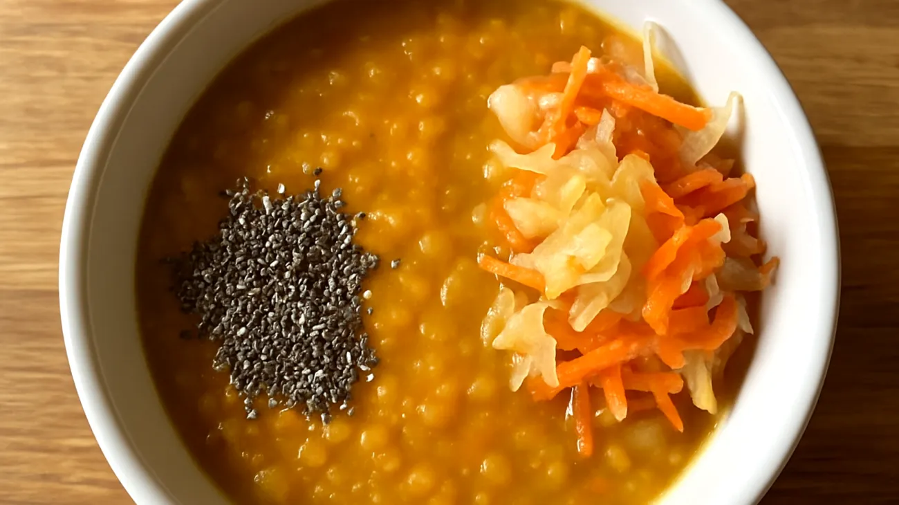 Zuppa di lenticchie rosse con semi di chia e verdure fermentate"