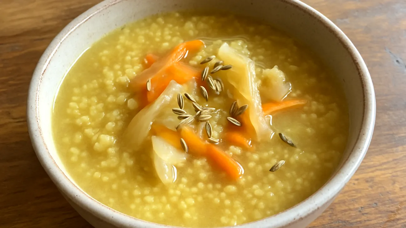 Zuppa di miglio con verdure fermentate e semi di finocchio"